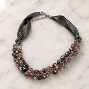 ALI KHAN NEW YORK Purple Multifaceted Beaded Choker Gray Ribbon Necklace